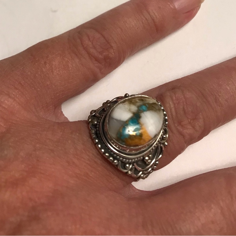 Oyster Copper Turquoise Stamped 925 Sterling Silver Ring